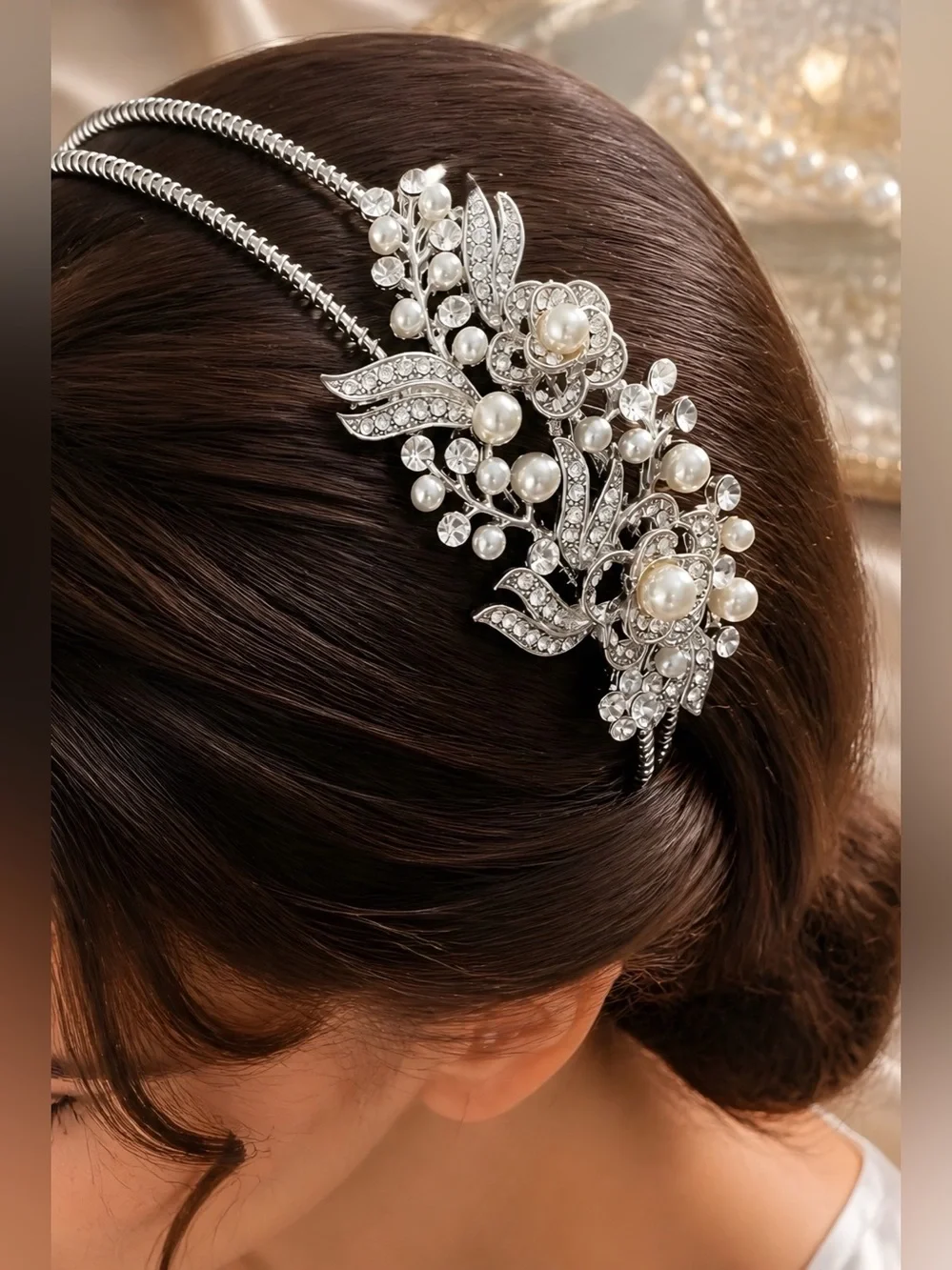 Stunning Silver-tone Faux Pearl & Crystal Floral Headband